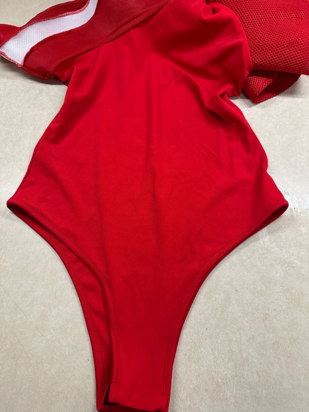 One Shoulder Women’s Bodysuit Red/White Flounce Ruffled Mesh Swimsuit Large - Picture 7 of 8